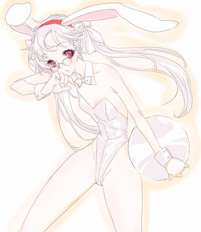 goshiki suzu, 1girl, animal ears, bare legs, fake animal ears, female focus, flat chest, glasses, gradient background, leotard, playboy bunny, rabbit ears, solo, twintails