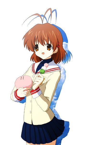 furukawa nagisa, clannad, dango daikazoku, 00s, antenna hair, dango, food, school uniform, serafuku, solo, wagashi
