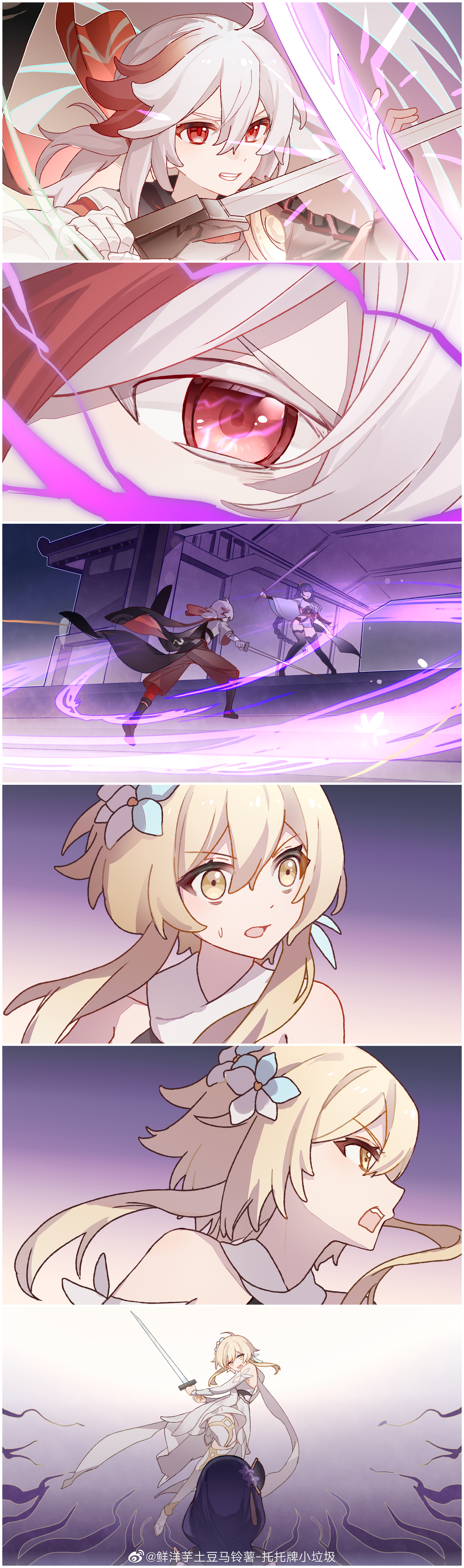 xianyangyutoumalingshu, kaedehara kazuha, lumine (genshin impact), raiden shogun, genshin impact, absurdres, chinese commentary, highres, spoilers, 1boy, 2girls, ahoge, back, bare shoulders, black panties, black thighhighs, blonde hair, blunt bangs, boots, braid, clenched teeth, close-up, dress, electricity, eye reflection, faceless, faceless female, fan hair ornament, floating, flower, flower ornament, from behind, from side, glowing, glowing sword, glowing weapon, hair between eyes, hair flower, hair ornament, holding, holding sword, holding weapon, huge ahoge, japanese clothes, katana, kimono, long braid, long hair, looking up, low ponytail, multicolored hair, multiple girls, no eyes, open mouth, panties, pants, ponytail, powering up, purple background, purple eyes, purple flower, purple hair, purple kimono, red eyes, red sash, reflection, reflection focus, sash, scarf, shade, short hair, short sleeves, single braid, standing, streaked hair, surprised, sweatdrop, sword, teeth, thighhighs, thighs, underwear, upper body, upper teeth only, watermark, weapon, weibo watermark, white dress, white flower, white hair, wide sleeves, yellow eyes