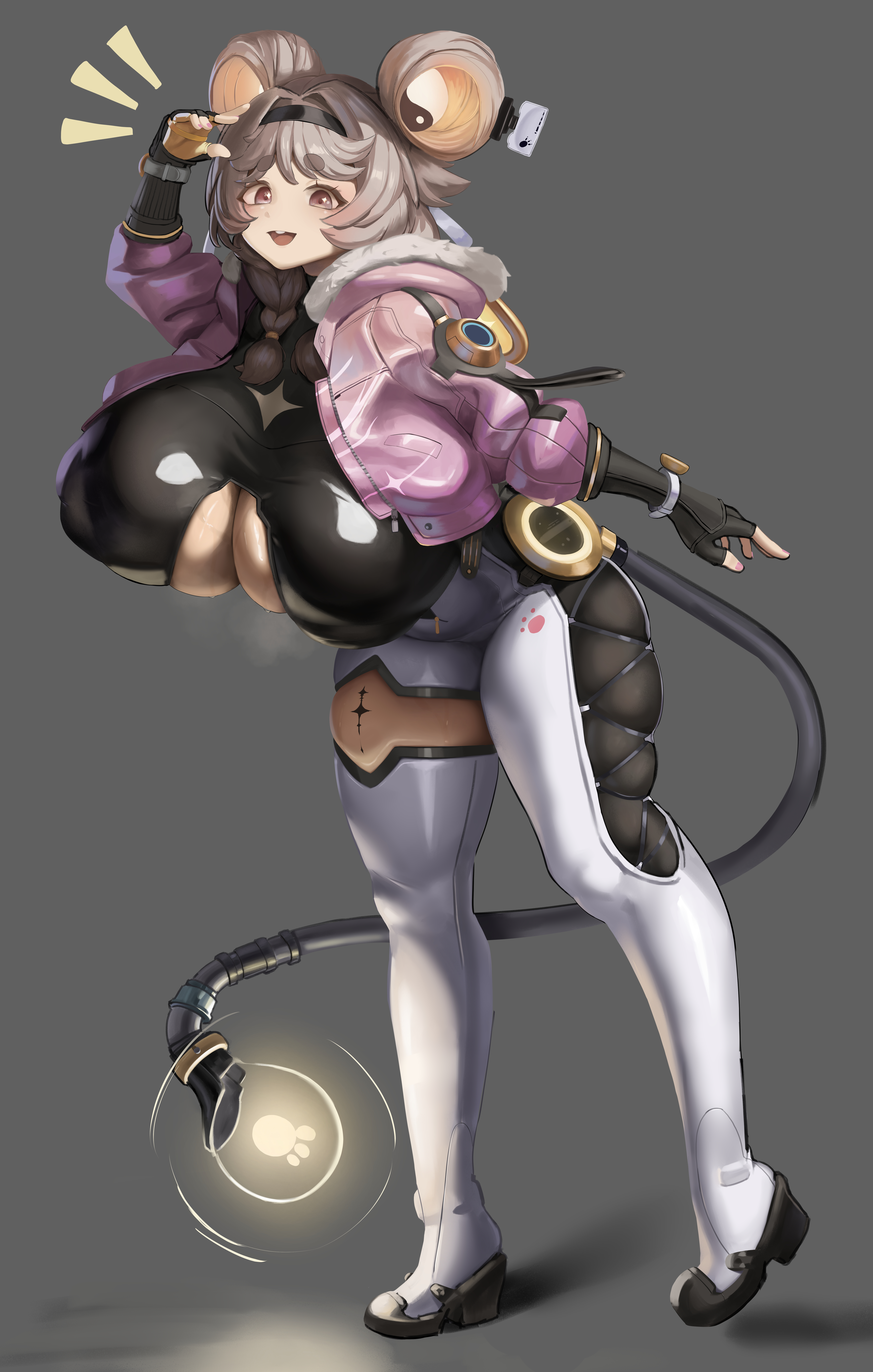 toy (wanju), absurdres, character request, copyright request, highres, 1girl, animal ears, black gloves, blush, bodysuit, breasts, cleavage cutout, clothing cutout, full body, gloves, glowing ears, glowing tail, grey background, grey hair, hand up, high heels, huge breasts, jacket, leaning forward, light bulb, long hair, long sleeves, looking at viewer, mouse ears, mouse girl, mouse tail, open clothes, open mouth, padded jacket, simple background, smile, standing, tail, thick thighs, thighs, yin yang