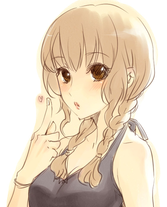 goshiki suzu, mizusawa mao, kimi kiss, 1girl, braid, female focus, heart, lips, simple background, sketch, solo, twin braids