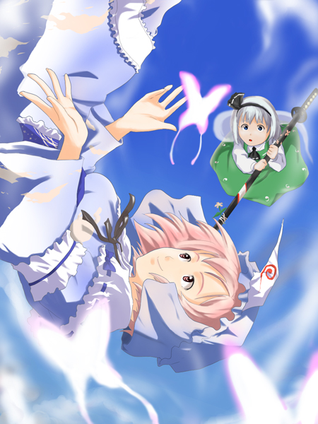 tenpura (tenpura621), konpaku youmu, saigyouji yuyuko, touhou, silver hair, 2girls, :o, animal, arm garter, blue dress, bug, butterfly, dress, female focus, flying, frills, green dress, hat, long sleeves, mob cap, multiple girls, parted lips, pink eyes, pink hair, puffy short sleeves, puffy sleeves, sheath, sheathed, short hair, short sleeves, sword, triangular headpiece, weapon
