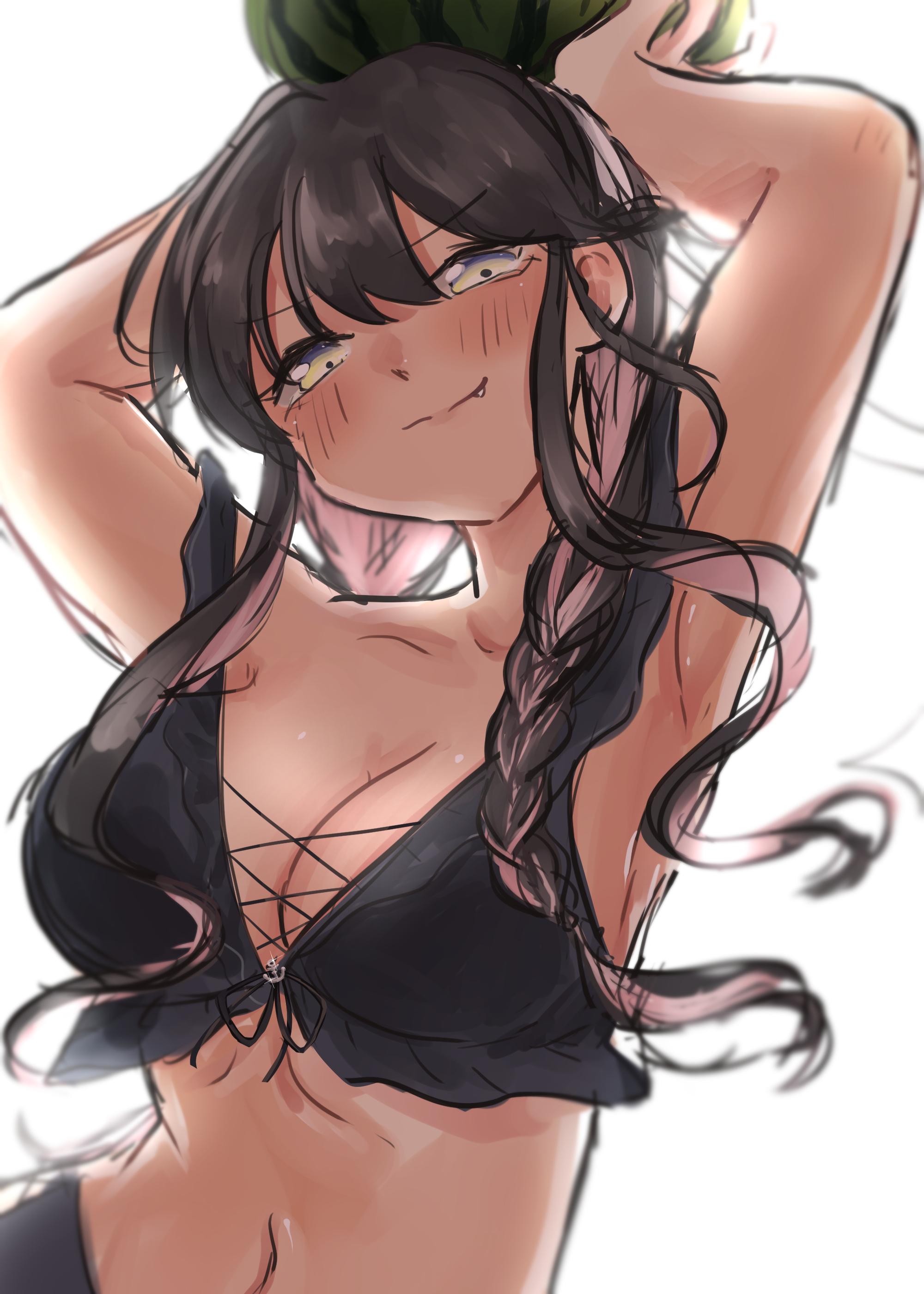 naganami (kancolle), naganami kai ni (kancolle), kantai collection, absurdres, highres, 1girl, arms up, bikini, black bikini, black hair, braid, breasts, cleavage, criss-cross straps, food, frilled bikini, frills, front-tie bikini top, front-tie top, fruit, hairband, hisui (kannkorettemazi), large breasts, long hair, looking at viewer, low twin braids, low twintails, multicolored hair, naganami kai ni (swimsuit) (kancolle), navel, pink hair, simple background, smile, solo, swimsuit, twin braids, twintails, two-tone hair, upper body, watermelon, wavy hair, white background, white hairband, yellow eyes