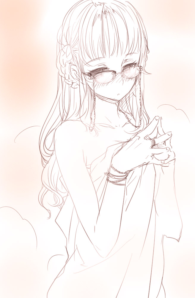 goshiki suzu, 1girl, female focus, glasses, monochrome, naked towel, orange theme, solo, towel