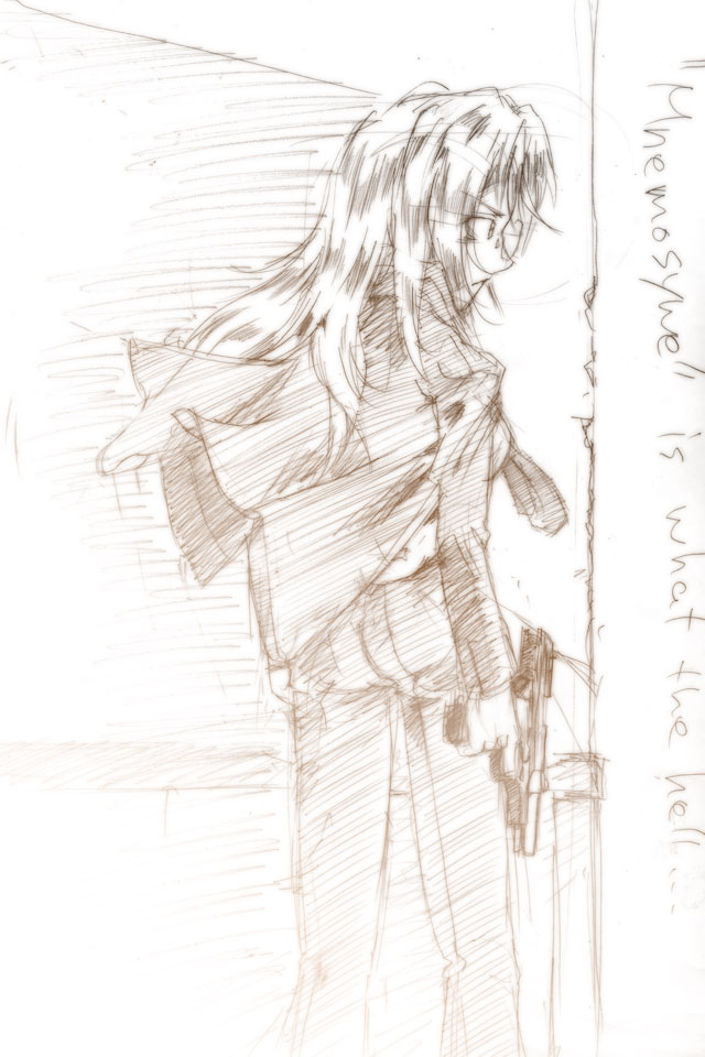 asatana, asougi rin, mnemosyne, 00s, 1girl, brown theme, english text, female focus, gun, handgun, monochrome, pistol, sketch, solo, weapon