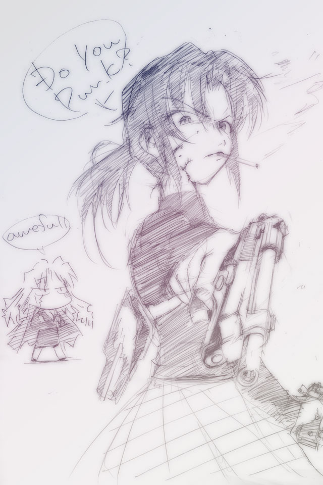 asatana, balalaika (black lagoon), revy (black lagoon), black lagoon, dirty harry, 00s, 2girls, beretta 92, chibi, cigarette, english text, engrish text, foreshortening, gun, handgun, monochrome, multiple girls, pistol, purple theme, ranguage, scar, sketch, smoking, weapon