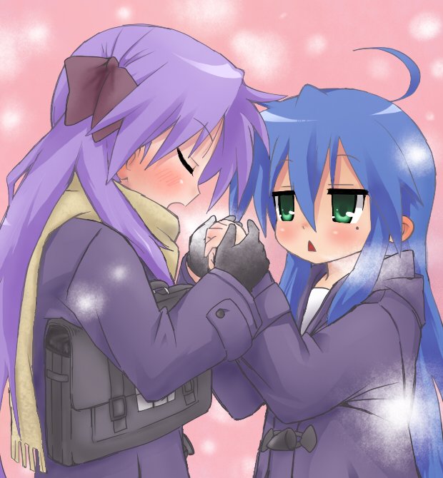 kiji (manekinuko-tei), hiiragi kagami, izumi konata, lucky star, bad id, bad pixiv id, 00s, 2girls, :o, ahoge, black gloves, blue hair, blush, breath, closed eyes, coat, from side, gloves, green eyes, holding hands, long hair, long sleeves, mole, mole under eye, multiple girls, open mouth, pink hair, triangle mouth, twintails, very long hair, winter clothes, winter coat, yuri