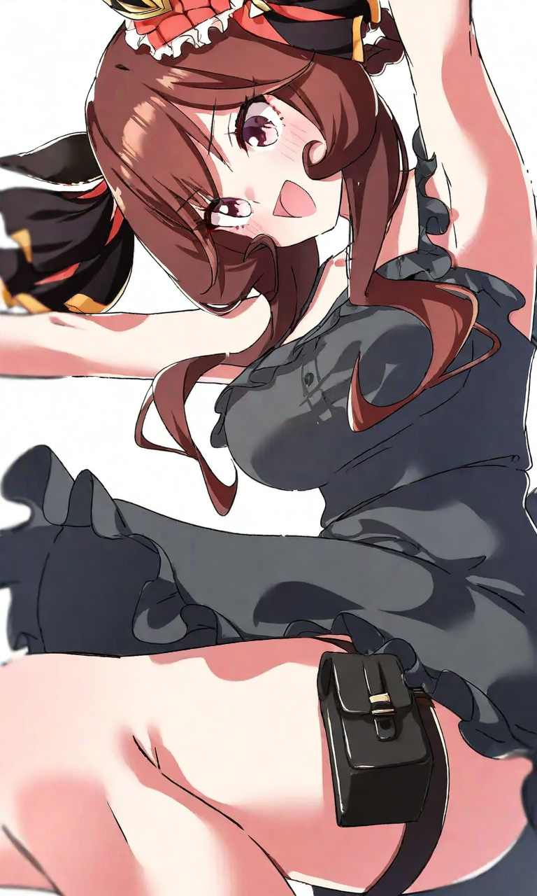 gentildonna (umamusume), umamusume, highres, 1girl, animal ears, blush, breasts, brown hair, dress, ear covers, frilled dress, frills, hands up, horse ears, horse girl, open mouth, red eyes, sleeveless, sleeveless dress, smile, solo, spynai (klimatic), thigh strap, white background