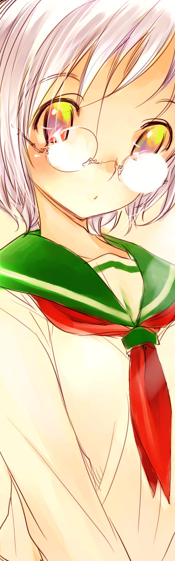 goshiki suzu, long image, tall image, 1girl, female focus, glasses, gradient background, school uniform, serafuku, solo