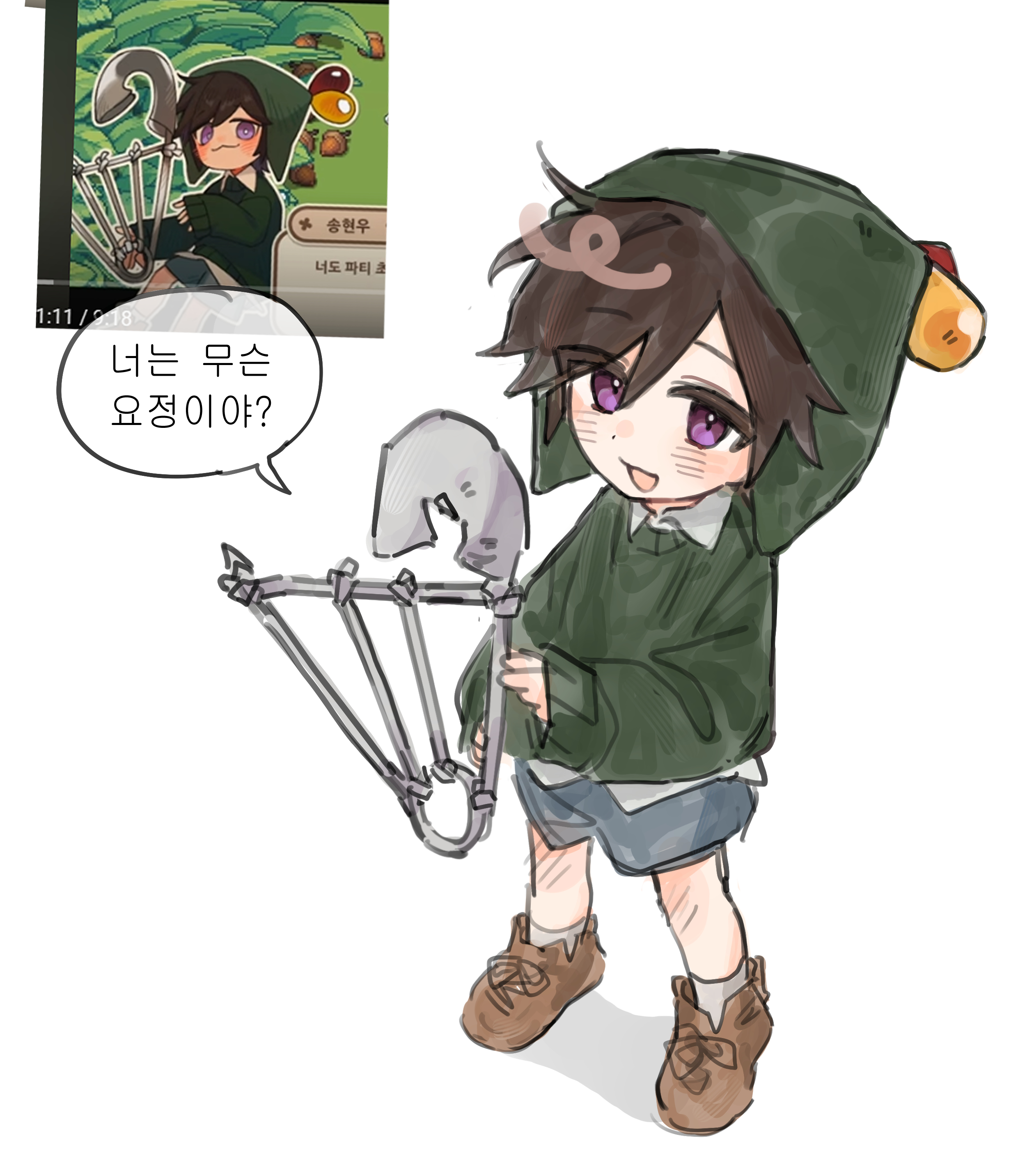 zombie high school, absurdres, highres, 1boy, aged down, blue shorts, blush, brown hair, collared shirt, fns1008, full body, hat, holding, hood, korean text, long sleeves, looking at viewer, male focus, open mouth, purple eyes, reference inset, shirt, short hair, shorts, simple background, smile, socks, solo, song hyeon-u, sweater, white background