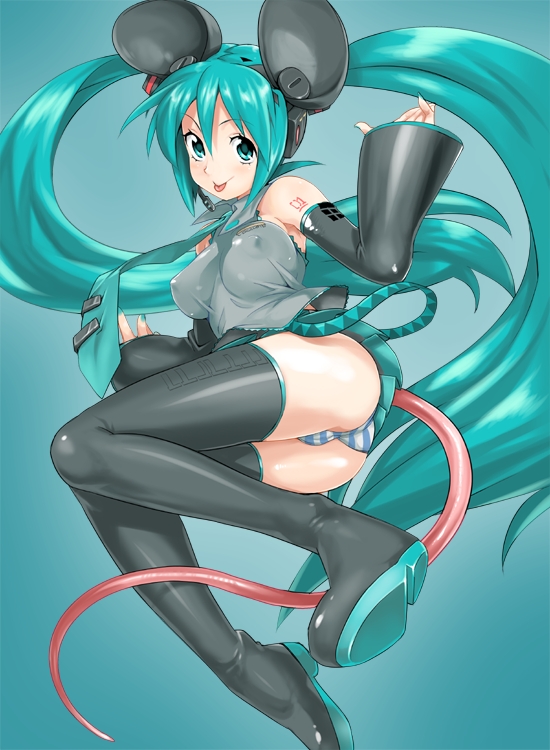 poporon, hatsune miku, vocaloid, 1girl, :p, animal ears, ass, bare shoulders, boots, breasts, covered erect nipples, detached sleeves, female focus, green eyes, green hair, kemonomimi mode, large breasts, long hair, looking at viewer, matching hair/eyes, miniskirt, mouse ears, mouse tail, necktie, no bra, panties, pantyshot, skirt, solo, striped clothes, striped panties, tail, thigh boots, thighhighs, tongue, tongue out, twintails, underwear, very long hair