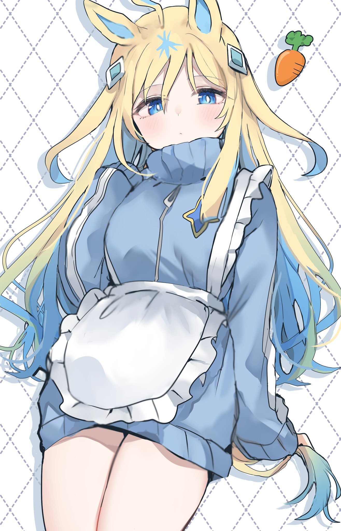 pof (peuplierpof), neo universe (umamusume), umamusume, highres, 1girl, ahoge, alternate costume, animal ears, apron, blonde hair, blue eyes, blue hair, blue jacket, carrot, colored inner hair, frilled apron, frills, hair between eyes, hair ornament, holding own tail, horse ears, horse girl, horse tail, jacket, jersey maid, long hair, long sleeves, looking at viewer, maid, multicolored hair, solo, tail, two-tone hair, unconventional maid, waist apron, white apron, zipper pull tab