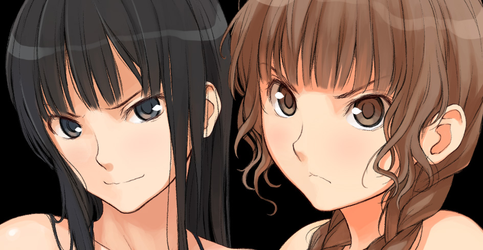 futami eriko, mizusawa mao, kimi kiss, looking away, artist request, 2girls, bare shoulders, black background, black eyes, black hair, blunt bangs, blush, braid, brown hair, closed mouth, frown, hair over shoulder, head tilt, looking at viewer, multiple girls, portrait, simple background, smile, twin braids, twintails
