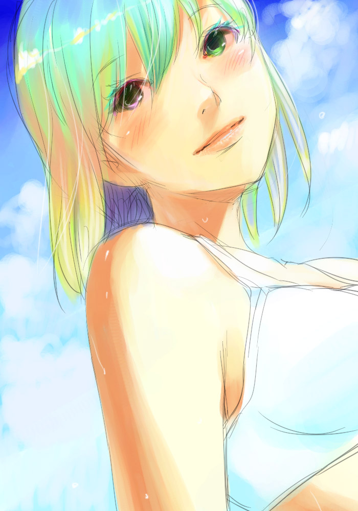 goshiki suzu, blush, day, green eyes, heterochromia, multicolored hair, sketch, sky, smile, solo, wet