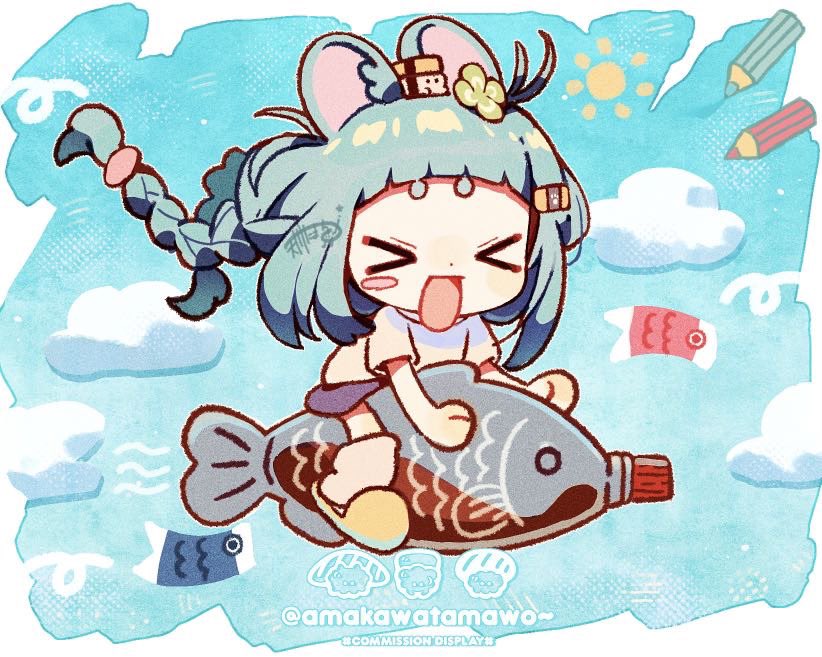 amakawa tamawo, original, commentary, > <, 1girl, :d, animal ears, artist name, blue hair, blue sky, blunt bangs, blush stickers, braid, closed eyes, cloud, day, fish, full body, kodomo no hi, koinobori, long hair, mouse ears, mouse girl, open mouth, outdoors, pencil, pink socks, purple skirt, shirt, short sleeves, skirt, sky, slippers, smile, socks, solo, sun, thick eyebrows, twin braids, white shirt, windsock, xd, yellow slippers