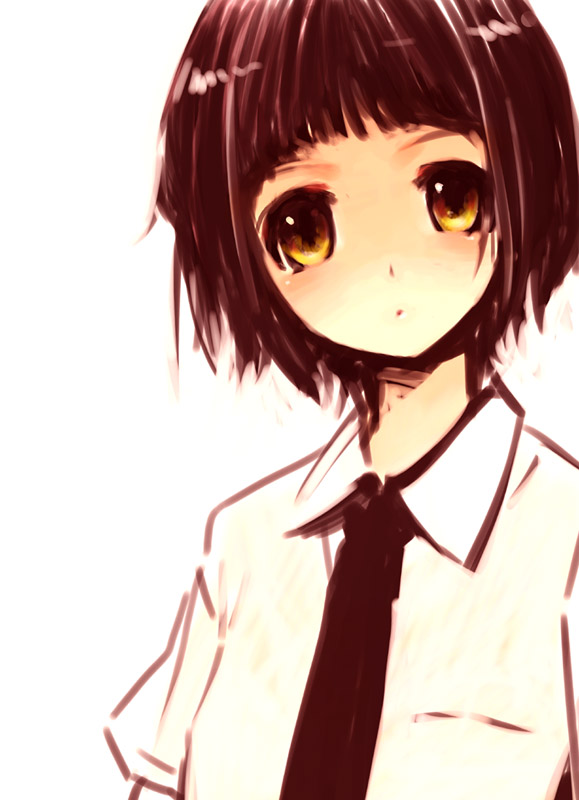 goshiki suzu, 1girl, brown hair, female focus, necktie, school uniform, serafuku, short hair, simple background, solo, yellow eyes