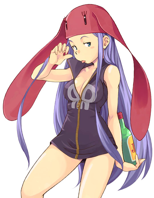 mannen hitsu, 1girl, :p, bottle, breasts, cleavage, female focus, green eyes, hat, medium breasts, purple hair, solo, tongue, tongue out, zipper