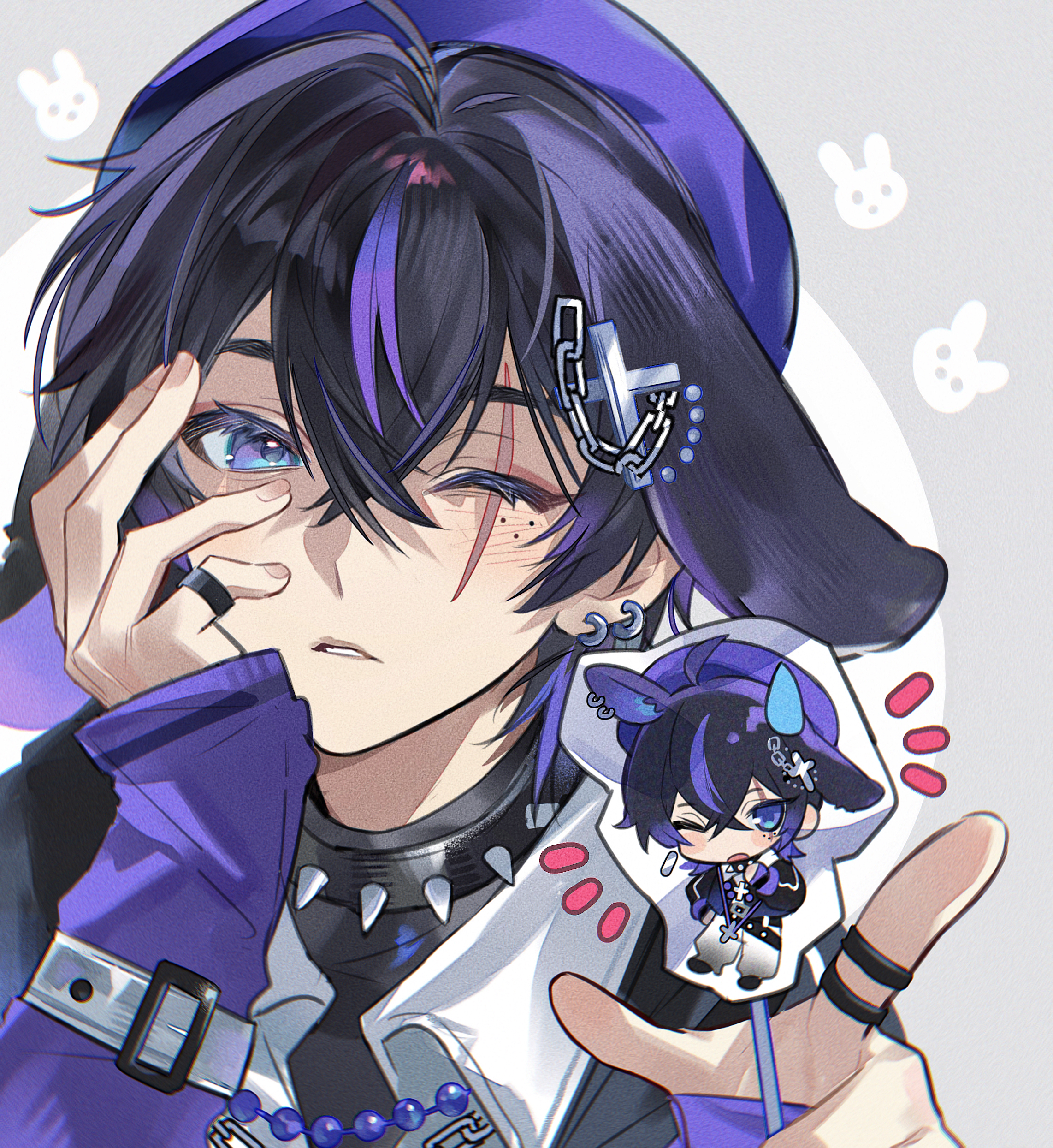 original, absurdres, highres, 1boy, black choker, black hair, blue hat, blush, chain, chibi, choker, cross hair ornament, grey background, hair ornament, hands up, hat, jewelry, karewudon, long sleeves, looking at viewer, male focus, multicolored hair, notice lines, one eye closed, parted lips, portrait, purple hair, purple shirt, ring, shirt, short hair, spiked choker, spikes, streaked hair, two-tone hair, wing collar