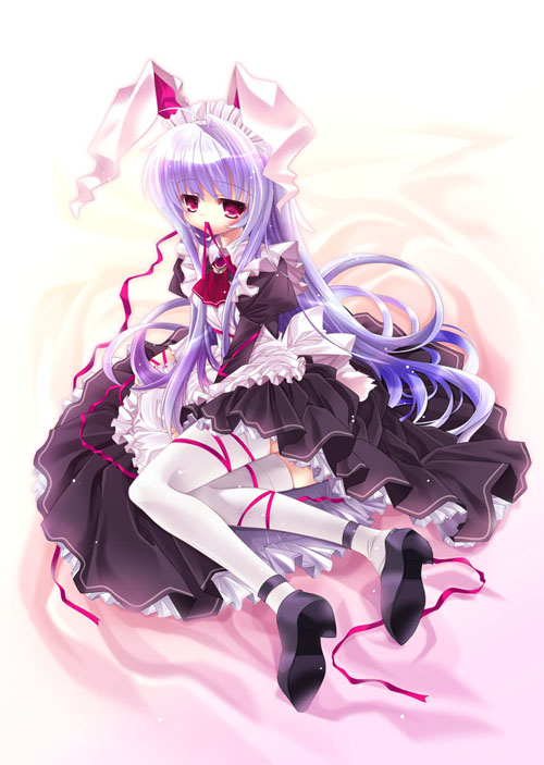 capura lin, reisen udongein inaba, touhou, 1girl, alternate costume, animal ears, black shoes, enmaided, female focus, from side, full body, gradient background, long hair, maid, purple hair, rabbit ears, shoes, sitting, solo, thighhighs, very long hair, white background, white thighhighs