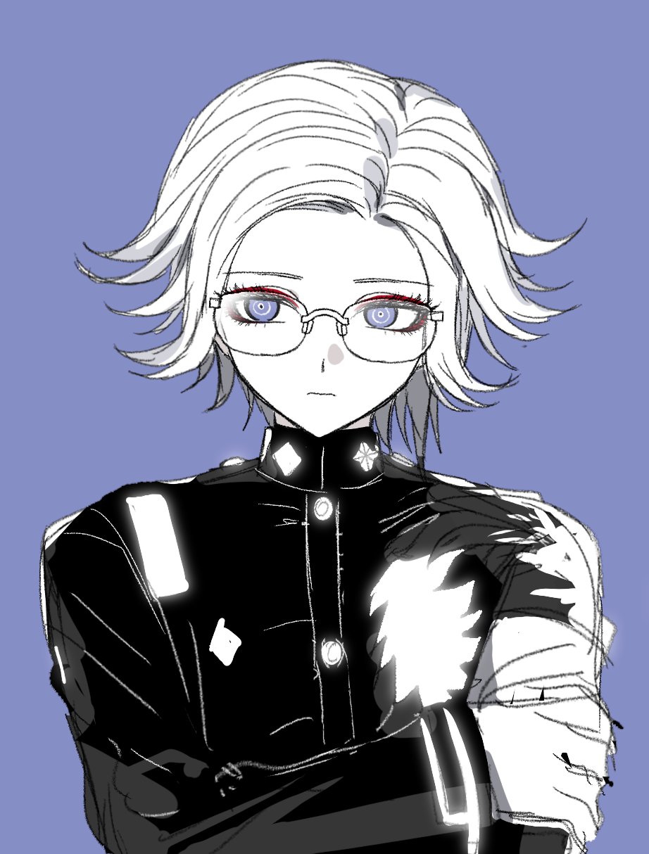 aotsuki eito, the hundred line -last defense academy-, commentary, highres, symbol-only commentary, 1boy, armband, eyeliner, frown, glasses, hand on own arm, last defense academy school uniform, makeup, male focus, purple background, purple eyes, red eyeliner, ringed eyes, school uniform, short hair, solo, syuu 1125, upper body