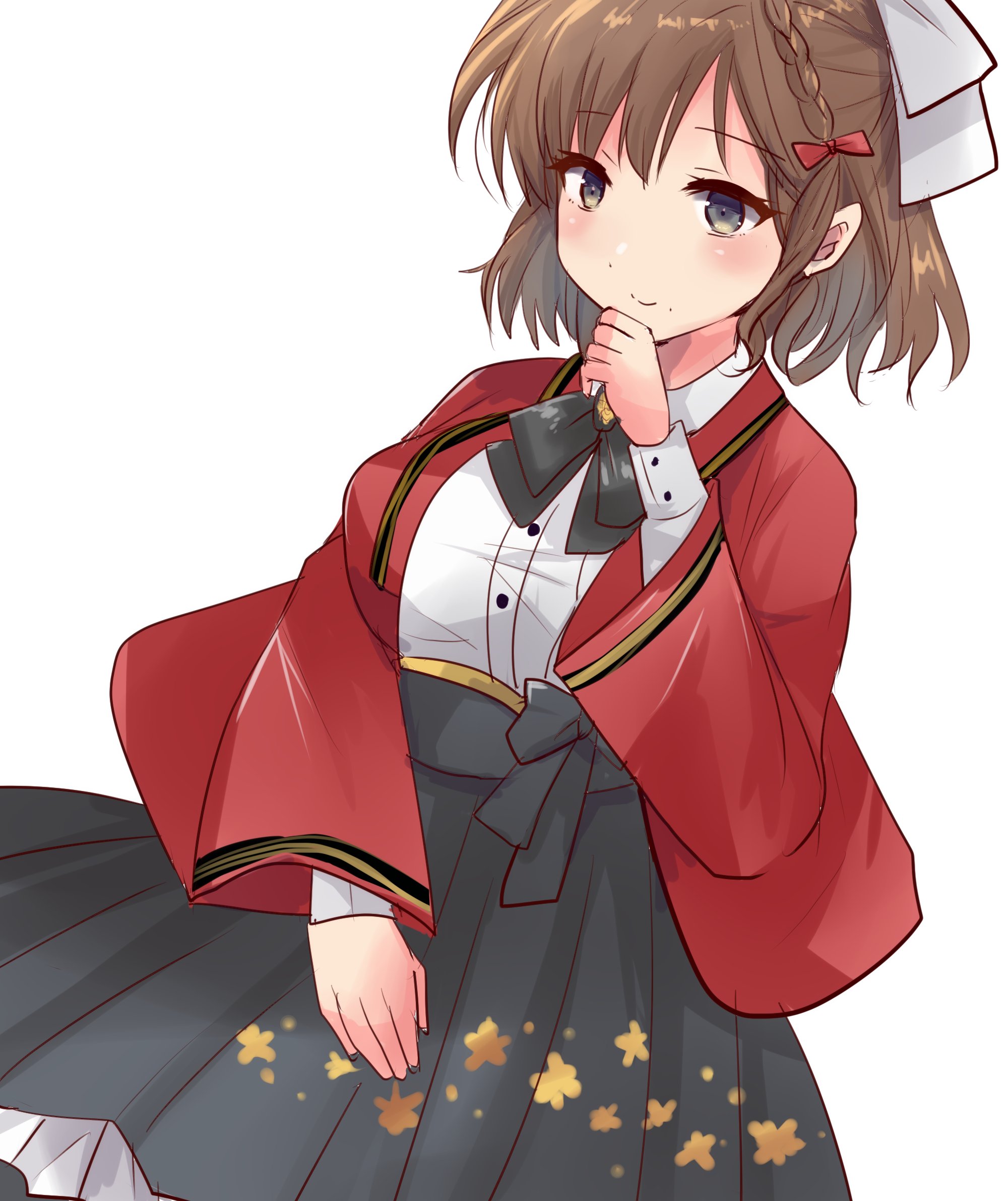 hirune (konekonelkk), asahi (kancolle), kantai collection, highres, 1girl, black hakama, brown eyes, coat, collared shirt, dress shirt, grey eyes, hakama, hakama skirt, japanese clothes, mole, mole under mouth, red coat, ribbon, shirt, short hair, side brais, simple background, skirt, solo, white background, white ribbon, white shirt