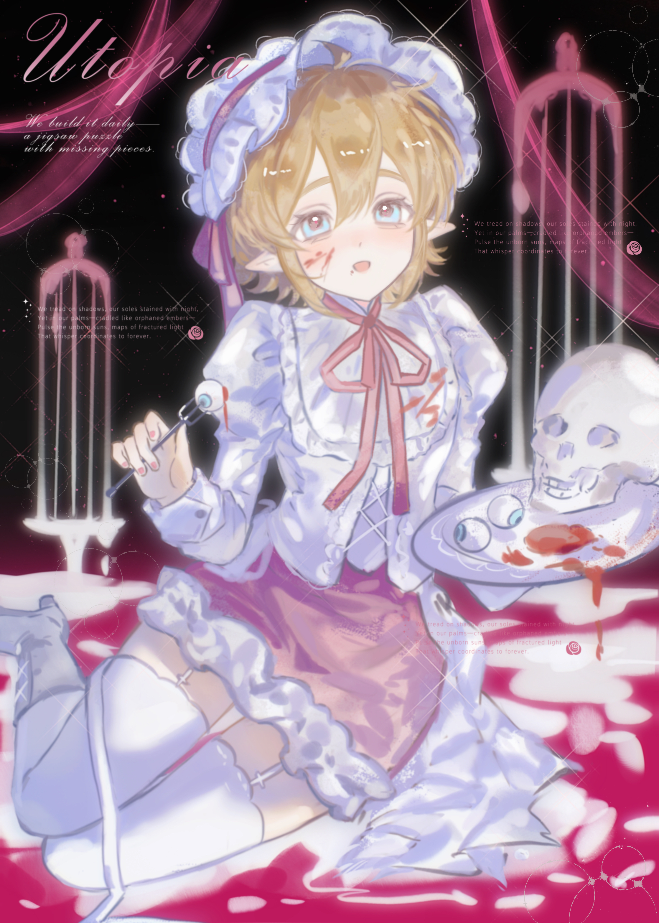 plutoray, king (aotu world), aotu world, absurdres, chinese commentary, highres, 1boy, ahoge, alternate costume, blonde hair, blood, blood on face, blood on plate, blue eyes, blush, bone, boots, candlestand, crossdressing, crossdressing (mtf), english text, eyeball, food, fork, frilled hairband, frilled skirt, frills, garter straps, hair between eyes, hairband, high heels, holding, holding fork, holding plate, juliet sleeves, long sleeves, looking at viewer, male focus, nail polish, neck ribbon, open mouth, pink nails, pink ribbon, pink skirt, plate, pointy ears, puffy sleeves, ribbon, shirt, short hair, sitting, skirt, skull, smile, solo, sparkle, spoon, thighhighs, trap, watermark, watermark grid, white boots, white shirt, white thighhighs, yokozuwari, zettai ryouiki