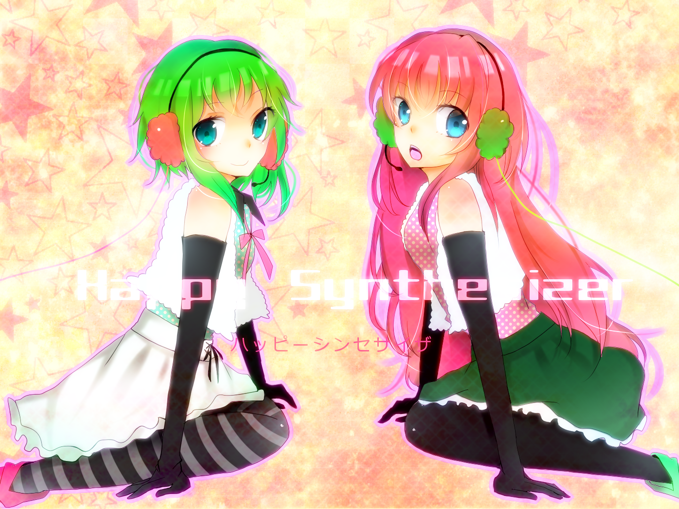 gumi, megurine luka, happy synthesizer (vocaloid), vocaloid, 2girls, blue eyes, elbow gloves, gloves, green eyes, green hair, headphones, headset, long hair, looking at viewer, misa (ki sa), multiple girls, open mouth, pantyhose, pink hair, shirt, short hair, skirt, smile, thighhighs
