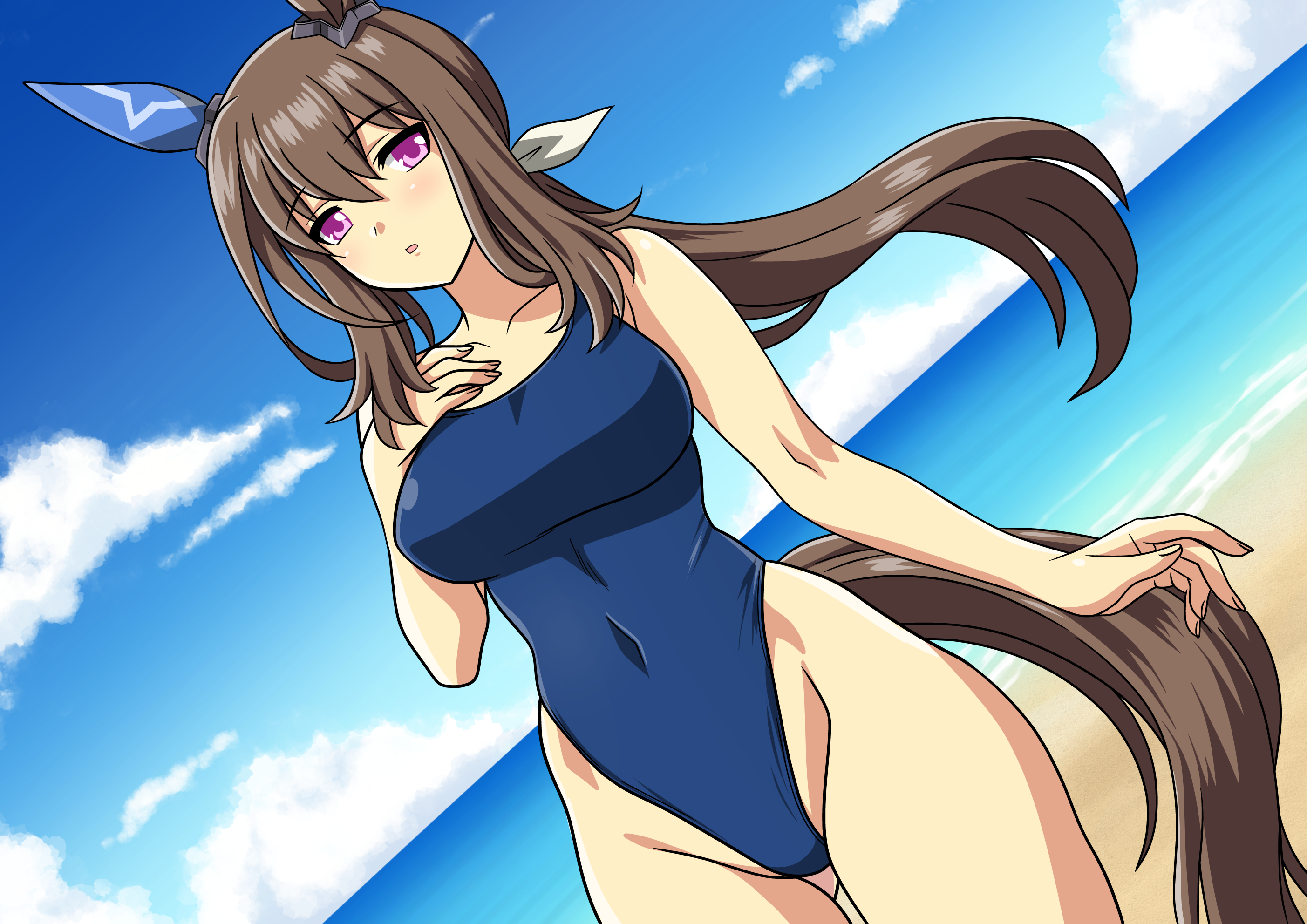 yuuyuu (3jjbn), admire vega (umamusume), umamusume, highres, 1girl, animal ears, beach, blue one-piece swimsuit, brown hair, competition swimsuit, covered navel, dutch angle, ear covers, gluteal fold, hair between eyes, highleg, highleg one-piece swimsuit, horizon, horse ears, horse girl, horse tail, long hair, looking at viewer, low ponytail, ocean, one-piece swimsuit, ponytail, purple eyes, single ear cover, solo, swimsuit, tail