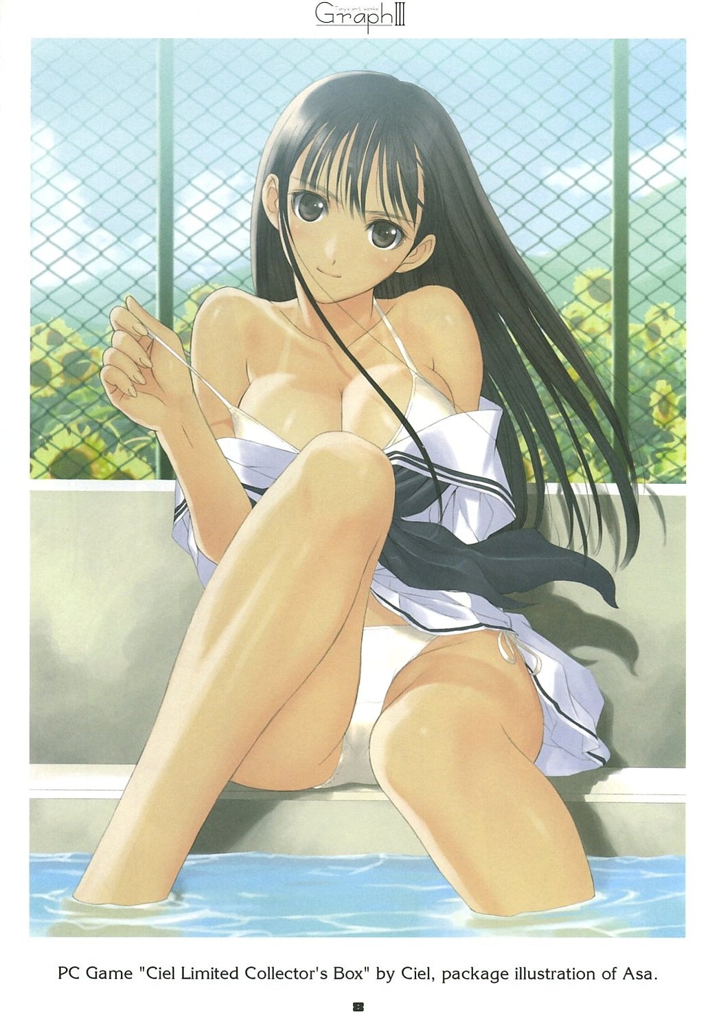 tony taka, mizushima asa, sora no iro mizu no iro, highres, scan, 00s, 1girl, armpits, bikini, breasts, cleavage, collarbone, day, dress, female focus, knees, large breasts, legs, long hair, long legs, one-piece tan, pool, poolside, sailor dress, side-tie bikini bottom, sitting, soaking feet, solo, swimsuit, tan, tanline, thighs, water, white bikini
