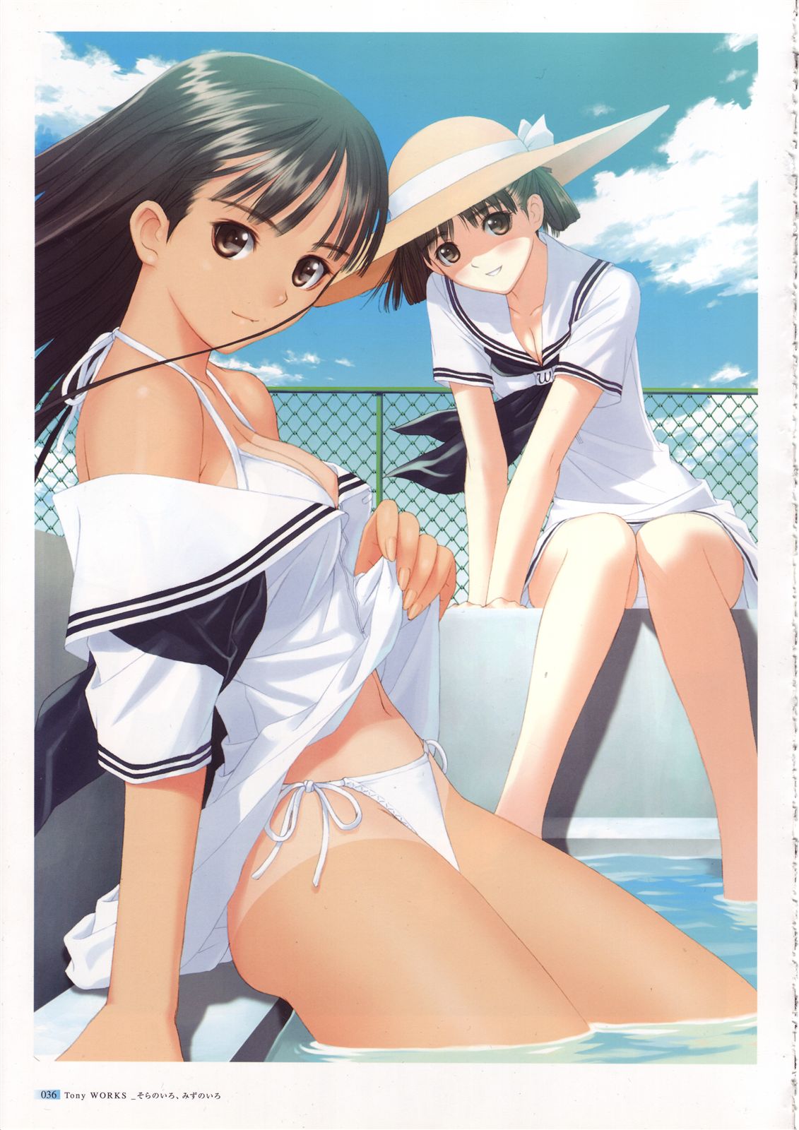 tony taka, mizushima asa, sorayama natsume, sora no iro mizu no iro, highres, scan, 00s, 2girls, arm support, bikini, bikini under clothes, black hair, breasts, brown eyes, chain-link fence, cleavage, clothes lift, cloud, day, dress, dress lift, female focus, fence, hat, long hair, looking at viewer, medium breasts, multiple girls, navel, off shoulder, one-piece tan, outdoors, panties, pantyshot, partially submerged, pool, poolside, sailor dress, side-tie bikini bottom, sitting, sky, smile, soaking feet, straw hat, swimsuit, swimsuit under clothes, tan, tanline, twintails, underwear, upskirt, wading, water, white bikini, white panties