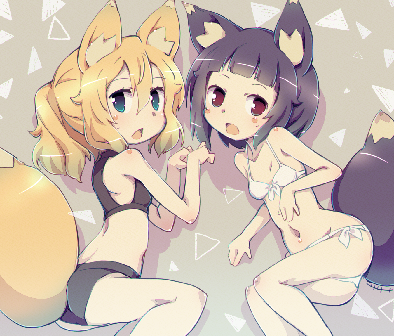 yoshi (crossmind), original, commentary, symbol-only commentary, 2girls, animal ear fluff, animal ears, ass, bikini, black bikini, black eyes, black hair, blonde hair, blue eyes, blunt bangs, blush stickers, breasts, fox ears, fox girl, fox tail, hand on own stomach, long hair, looking at viewer, lying, multiple girls, navel, on side, open mouth, ponytail, short hair, side-tie bikini bottom, small breasts, swimsuit, tail, thighs, white bikini