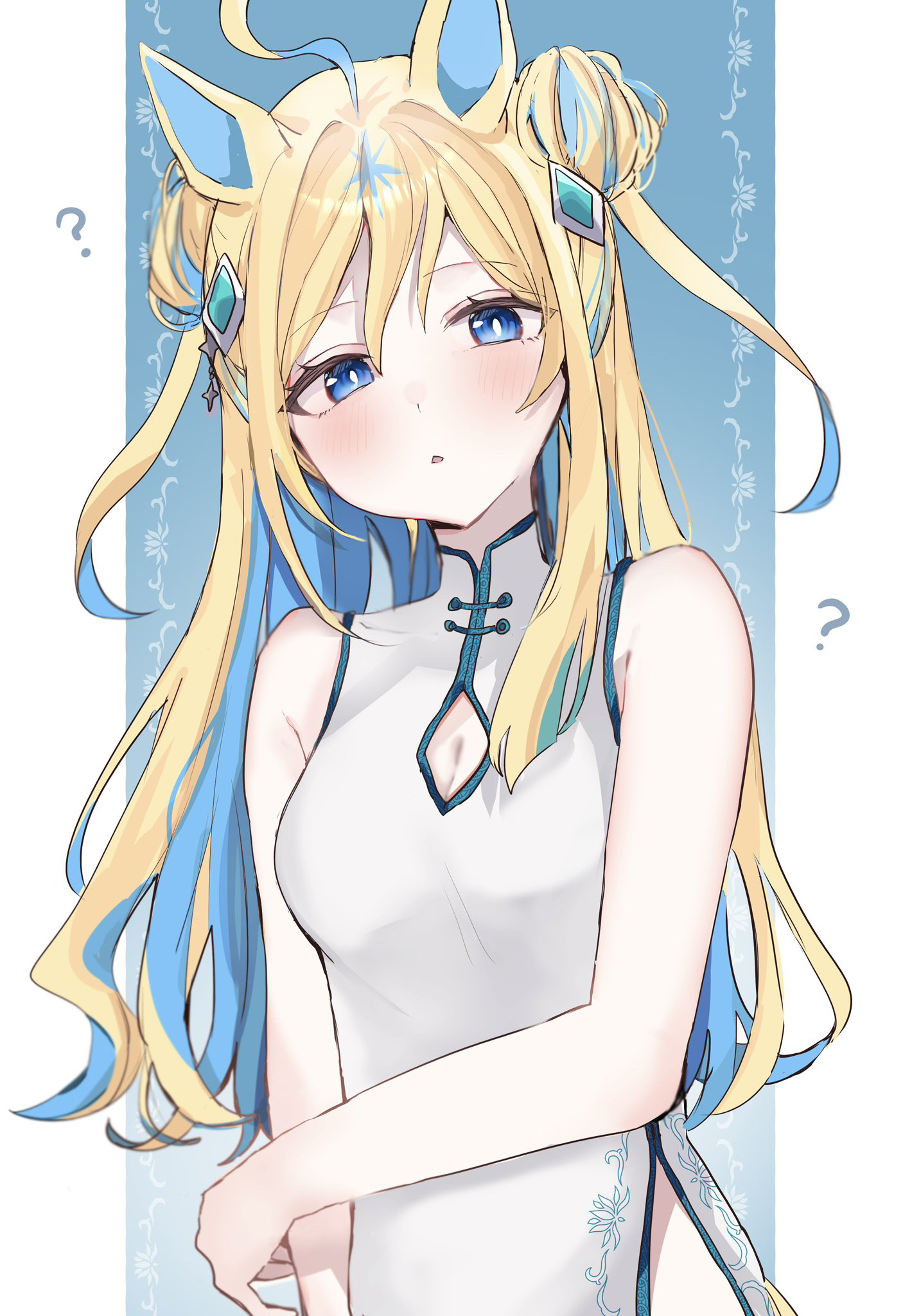 pof (peuplierpof), neo universe (umamusume), umamusume, highres, 1girl, ?, ahoge, alternate costume, animal ears, bare arms, bare shoulders, blonde hair, blue eyes, breasts, china dress, chinese clothes, cleavage, cleavage cutout, clothing cutout, double bun, dress, hair between eyes, hair bun, hair ornament, horse ears, horse girl, long hair, looking at viewer, medium breasts, multicolored hair, open mouth, sidelocks, sleeveless, sleeveless dress, solo, white dress