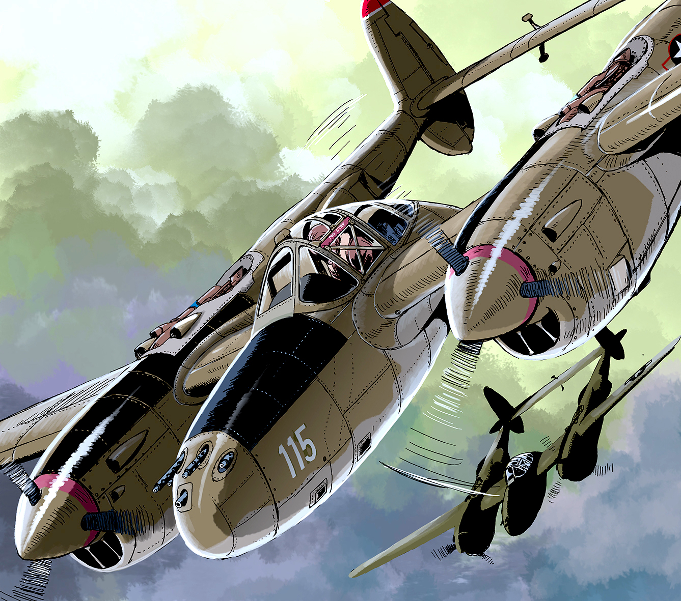 matsuda juukou, p-38 lightning, original, 1boy, aircraft, airplane, browning m2, cloud, cloudy sky, flight suit, flying, gun, heavy machine gun, helmet, machine gun, male focus, military vehicle, outdoors, pilot, pilot helmet, propeller, propeller fighter, roundel, sky, vehicle focus, weapon, world war ii