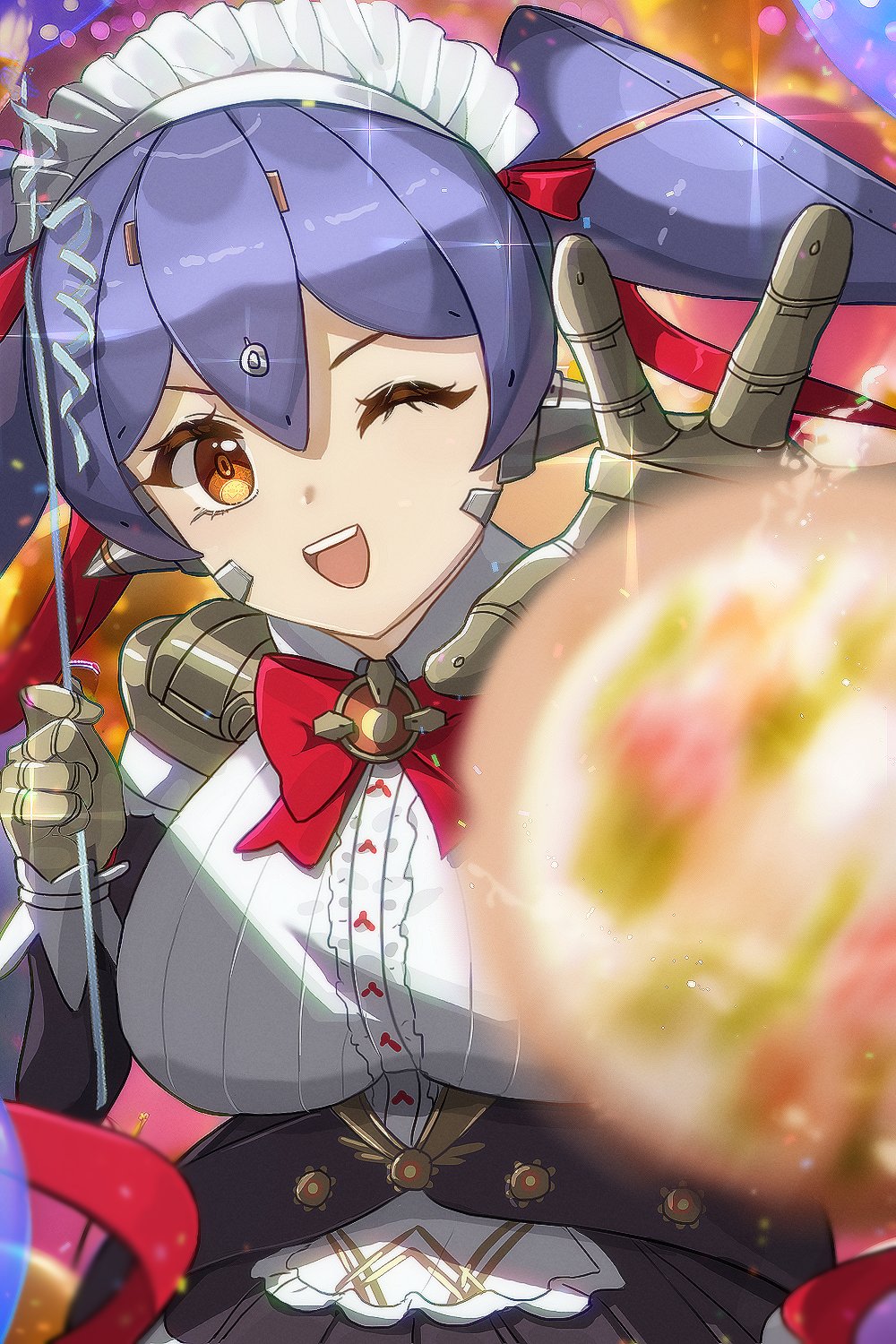 zer00han, poppi (xenoblade), poppi qt (xenoblade), xenoblade chronicles (series), xenoblade chronicles 2, highres, 1girl, android, apron, bow, breasts, chest jewel, hair bow, holding, large breasts, looking at viewer, maid, maid apron, maid headdress, mechanical hands, one eye closed, open mouth, orange eyes, purple hair, red bow, red ribbon, ribbon, robot ears, smile, solo, teeth, throwing, twintails, upper teeth only