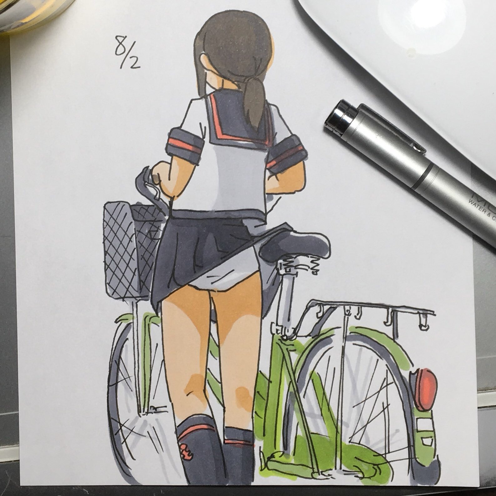 hijikara, fubuki (kancolle), kantai collection, highres, photoshop (medium), traditional media, 1girl, art tools in frame, ass, bicycle, bicycle basket, black sailor collar, black skirt, black socks, brown hair, dated, from behind, kneehighs, panties, ponytail, pushing bicycle, sailor collar, school uniform, serafuku, short hair, sidelocks, simple background, skirt, skirt caught on object, socks, solo, underwear, walking, wardrobe malfunction, white background, white panties
