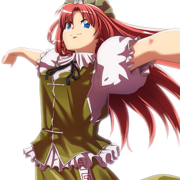 nazo kichi, hong meiling, embodiment of scarlet devil, touhou, 1girl, bloom, blue eyes, chinese clothes, female focus, long hair, orange hair, outstretched arms, puffy sleeves, smile, solo, spread arms, stretching
