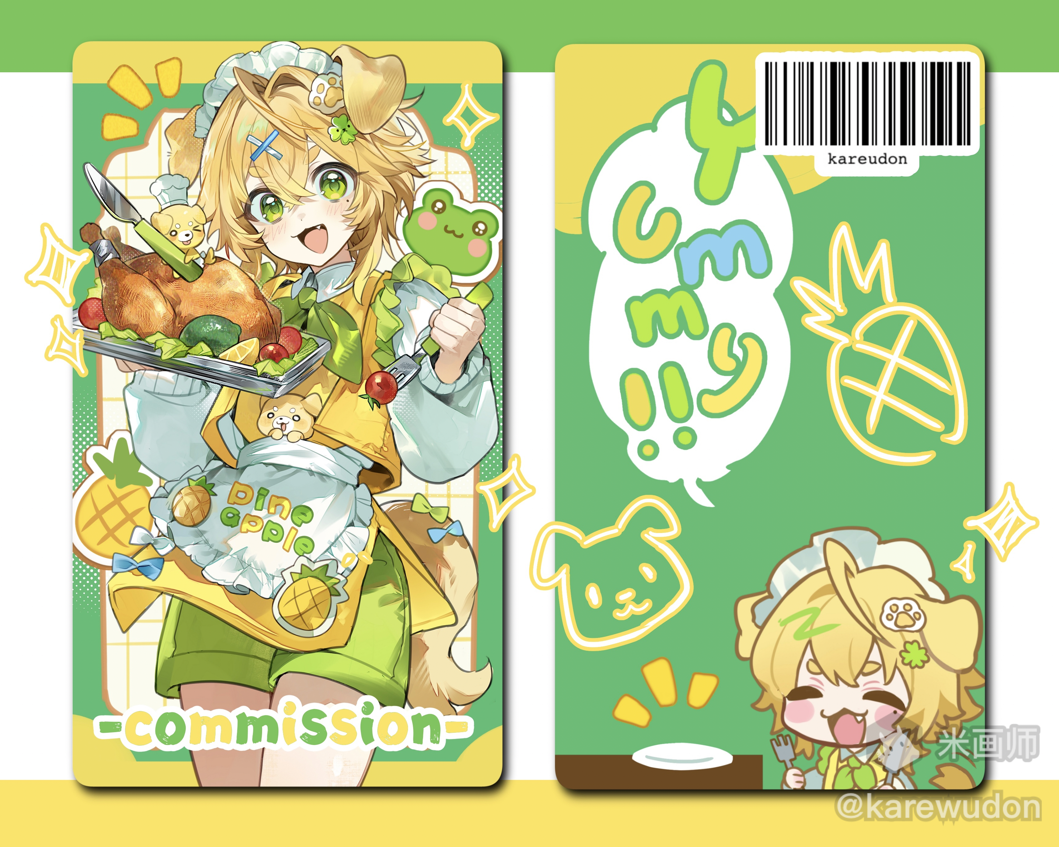 original, absurdres, highres, 1girl, :3, :d, animal ears, apron, artist name, blonde hair, blush, blush stickers, cherry tomato, chibi, chicken (food), closed eyes, collared shirt, cowboy shot, dog ears, dog girl, dog tail, double-parted bangs, fang, food, fork, frilled apron, frills, fruit, green neckerchief, green shorts, hair between eyes, holding, holding fork, holding tray, karewudon, knife, lemon, long sleeves, looking at viewer, mihuashi username, multiple views, neckerchief, notice lines, open mouth, plate, shirt, short hair, shorts, smile, sparkle, tail, thick eyebrows, tomato, tray, vest, waist apron, white apron, white shirt, yellow vest