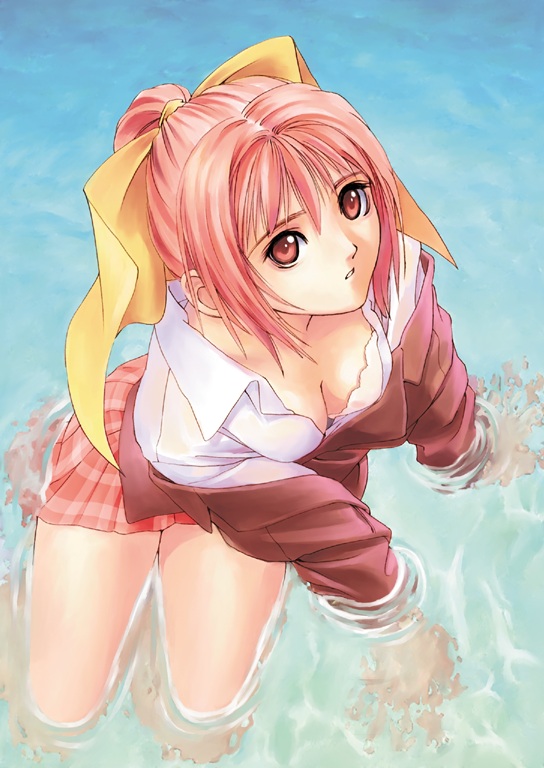 tony taka, sangami erika, partner ~sekai de ichiban taisetsu na hito~, scan, 1girl, bow, bra, breasts, cleavage, downblouse, female focus, hair bow, lingerie, pink eyes, pink hair, ponytail, school uniform, serafuku, short hair, solo, underwear, water