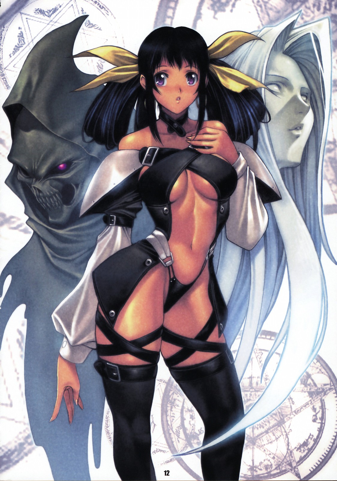 homare (fool's art), dizzy (guilty gear), necro (guilty gear), undine (guilty gear), arc system works, guilty gear, highres, scan, 1girl, asymmetrical wings, black hair, bow, breasts, choker, female focus, hair bow, purple eyes, skull, solo, thighhighs, underboob, wings