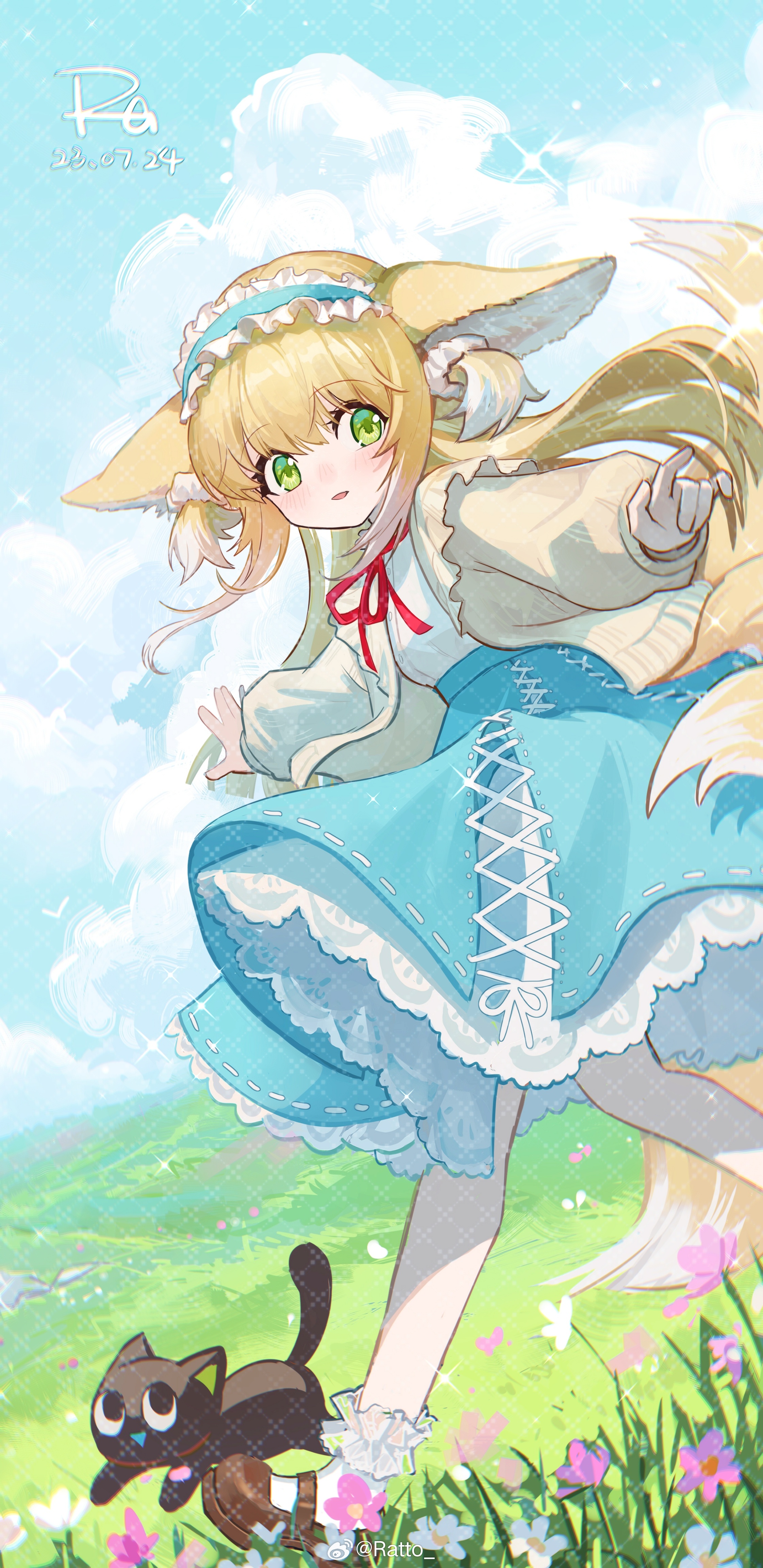 asamayuki ra, luo xiaohei, luo xiaohei (cat), suzuran (arknights), suzuran (spring praise) (arknights), arknights, luo xiaohei zhanji, absurdres, commentary request, highres, 1girl, animal ears, aqua hairband, aqua skirt, black cat, blush, brown shoes, cardigan, cat, cloud, cross-laced clothes, cross-laced skirt, dated, day, flower, fox ears, fox girl, fox tail, frilled hairband, frills, green eyes, hair ornament, hair scrunchie, hairband, long hair, mary janes, multiple tails, neck ribbon, open cardigan, open clothes, outdoors, pantyhose, parted lips, red ribbon, ribbon, scrunchie, shirt, shirt tucked in, shoes, skirt, solo, tail, two side up, watermark, watermark grid, weibo watermark, white pantyhose, white scrunchie, white shirt, yellow cardigan