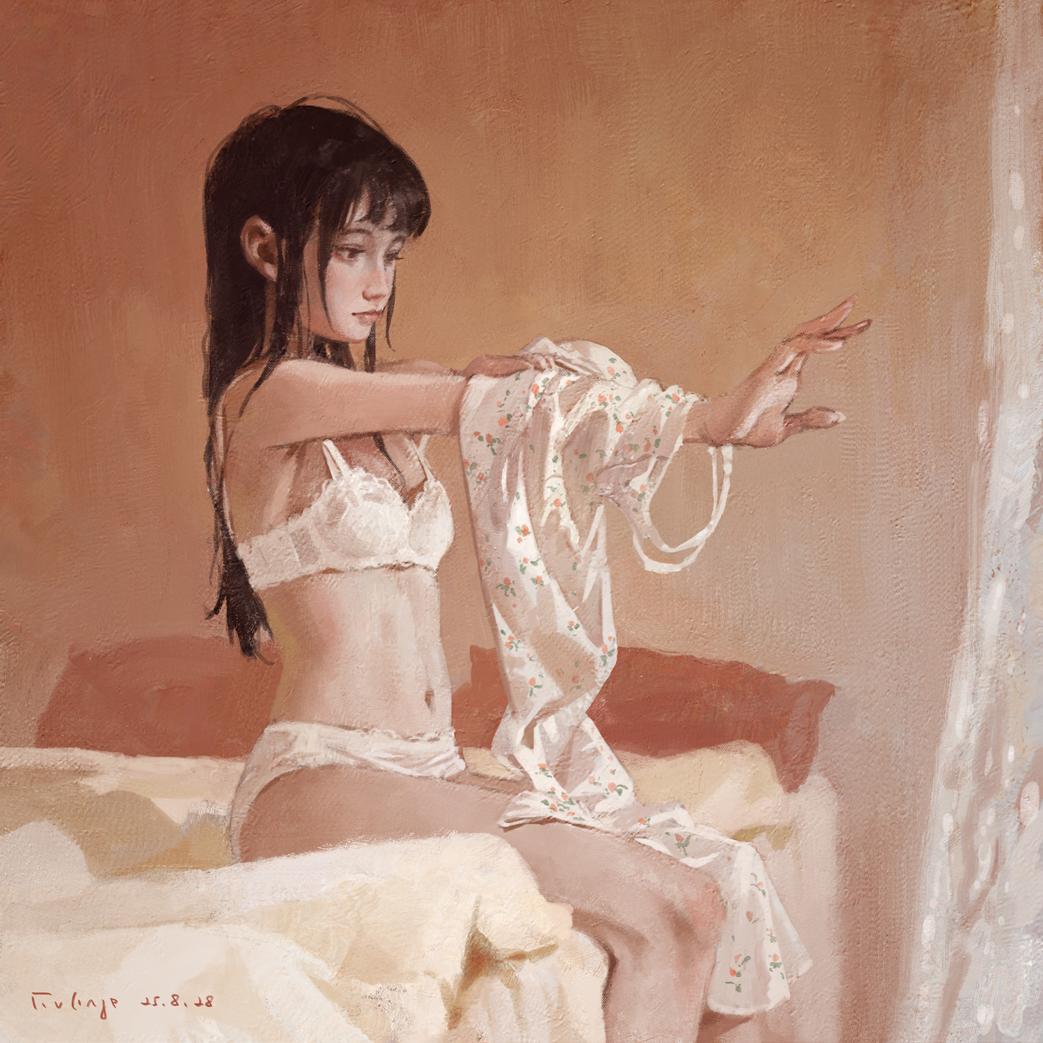 xiaobanbei milk, original, commentary request, highres, 1girl, black hair, bra, breasts, closed mouth, dating, long hair, medium breasts, panties, sidelocks, sitting, solo, underwear, undressing, white bra, white panties