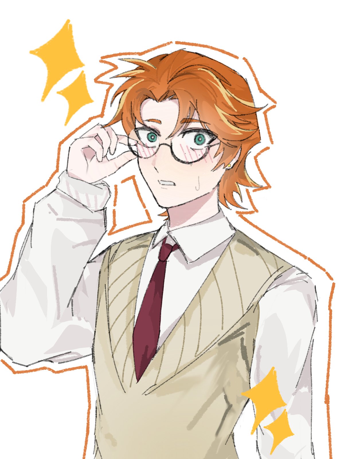 brief (psg), panty & stocking with garterbelt, highres, 1boy, blush, freckles, glasses, looking at viewer, orange hair, school uniform, semi-rimless eyewear, sweatdrop, sweater vest, yanju bohe