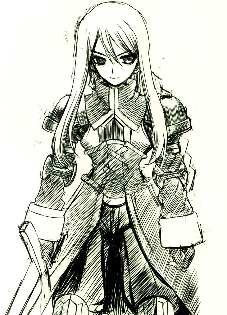 agrias oaks, final fantasy, final fantasy tactics, 1girl, armor, braid, female focus, gradient background, knight, monochrome, sketch, solo