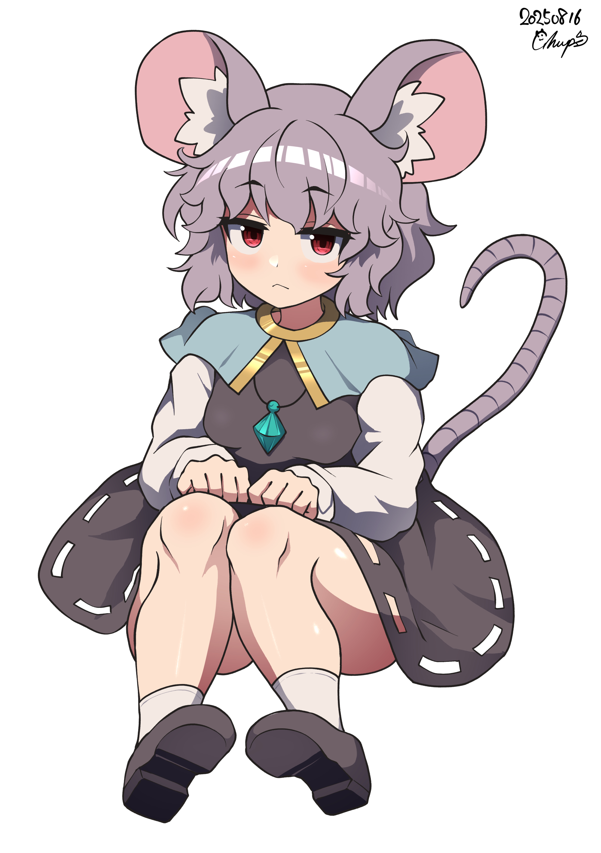 chups, nazrin, touhou, absurdres, commentary request, highres, 1girl, animal ears, capelet, dated, dress, full body, grey hair, hands on lap, jewelry, jitome, long sleeves, mouse ears, mouse girl, mouse tail, necklace, red eyes, shoe soles, short hair, socks, solo, tail