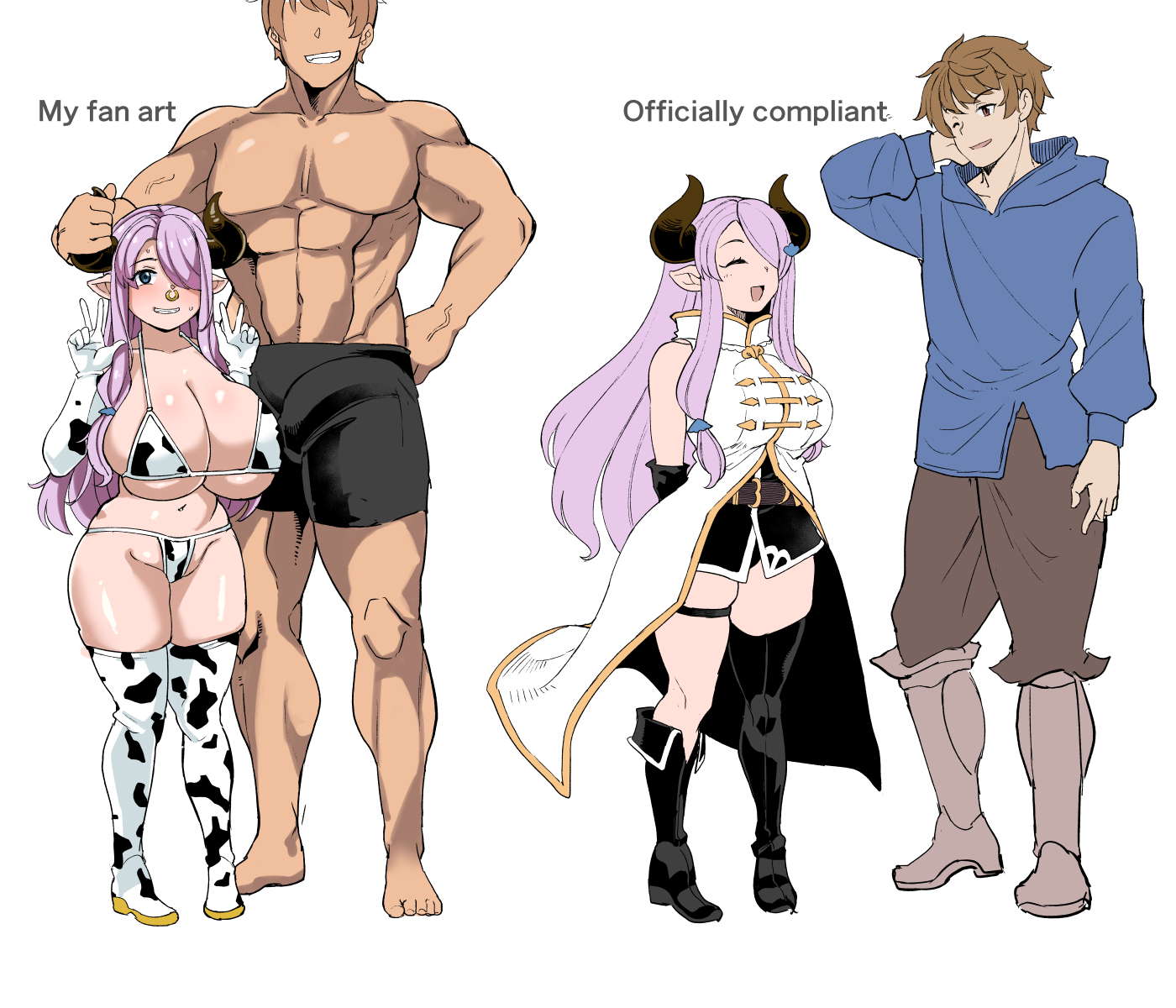 yuumano yuuki, gran (granblue fantasy), narmaya (granblue fantasy), granblue fantasy, granblue fantasy versus, highres, 1girl, animal ears, animal print, asymmetrical gloves, bikini, blush, braid, breasts, bulge, butterfly earrings, cow ears, cow horns, cow print, cow print bikini, cow print gloves, cow print thighhighs, double v, draph, dual persona, earrings, erection, erection under clothes, gloves, hair over one eye, hands up, happy, horns, jewelry, large breasts, long hair, looking at viewer, low-tied long hair, navel, one eye closed, open mouth, pink hair, pointy ears, print bikini, print gloves, print thighhighs, single braid, single thighhigh, skindentation, smile, swimsuit, thigh strap, thighhighs, thighs, v
