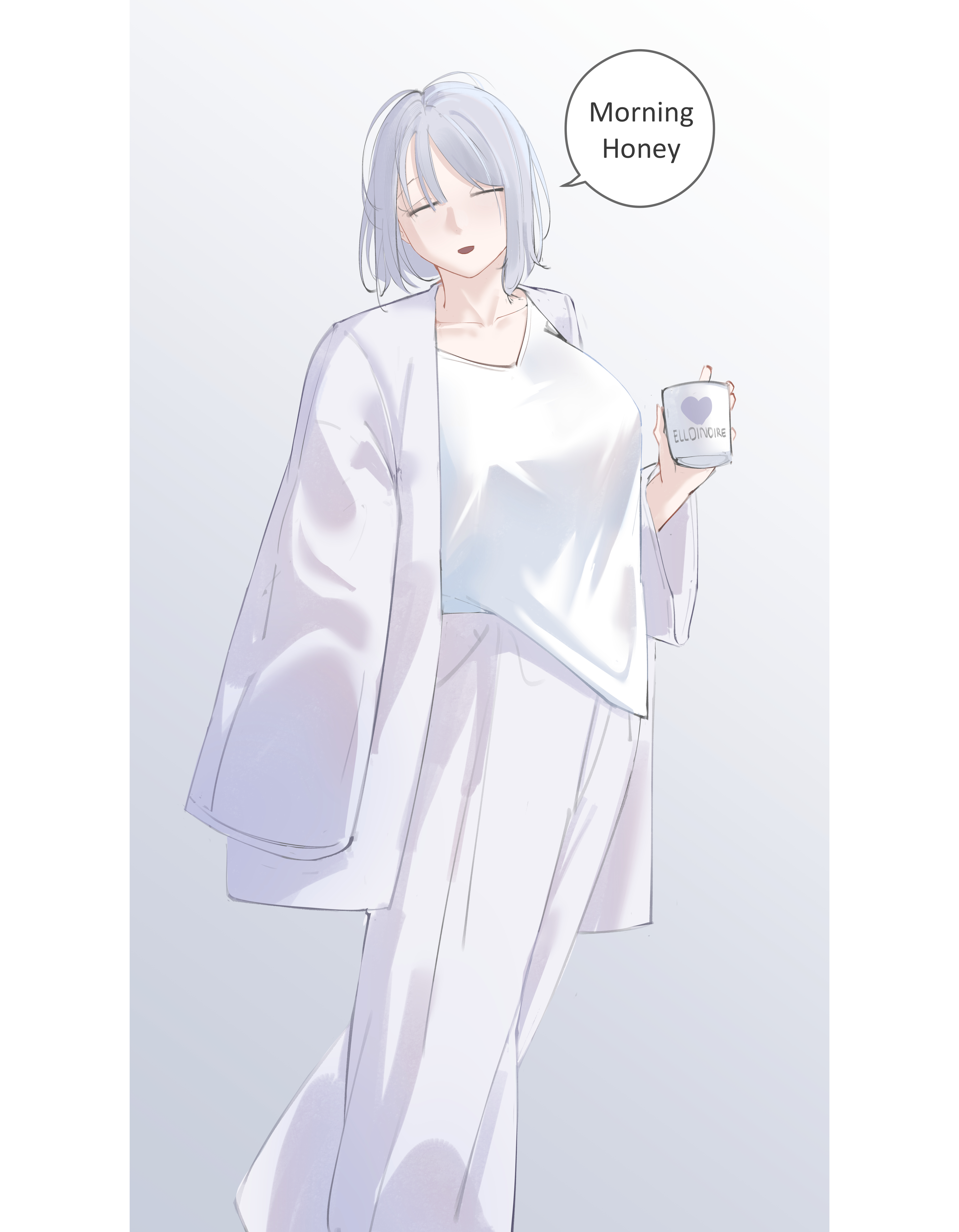 elloinoire, rpk-16 (girls' frontline), girls' frontline, absurdres, commentary, highres, 1girl, alternate costume, breasts, character name, closed eyes, collarbone, cup, english text, grey hair, holding, holding cup, medium breasts, medium hair, open mouth, shirt, simple background, solo, speech bubble, standing, white shirt