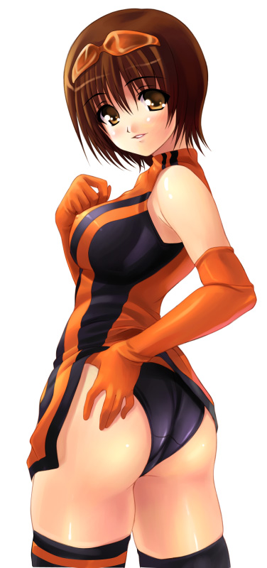 akamaru, yoshino hitomi, namco, ridge racer, 1girl, ass, bare shoulders, black panties, blush, breasts, brown eyes, brown hair, covered erect nipples, dress, elbow gloves, female focus, glasses, gloves, large breasts, looking back, orange eyes, panties, race queen, short hair, smile, solo, sunglasses, sunglasses on head, thighhighs, underwear, yellow eyes