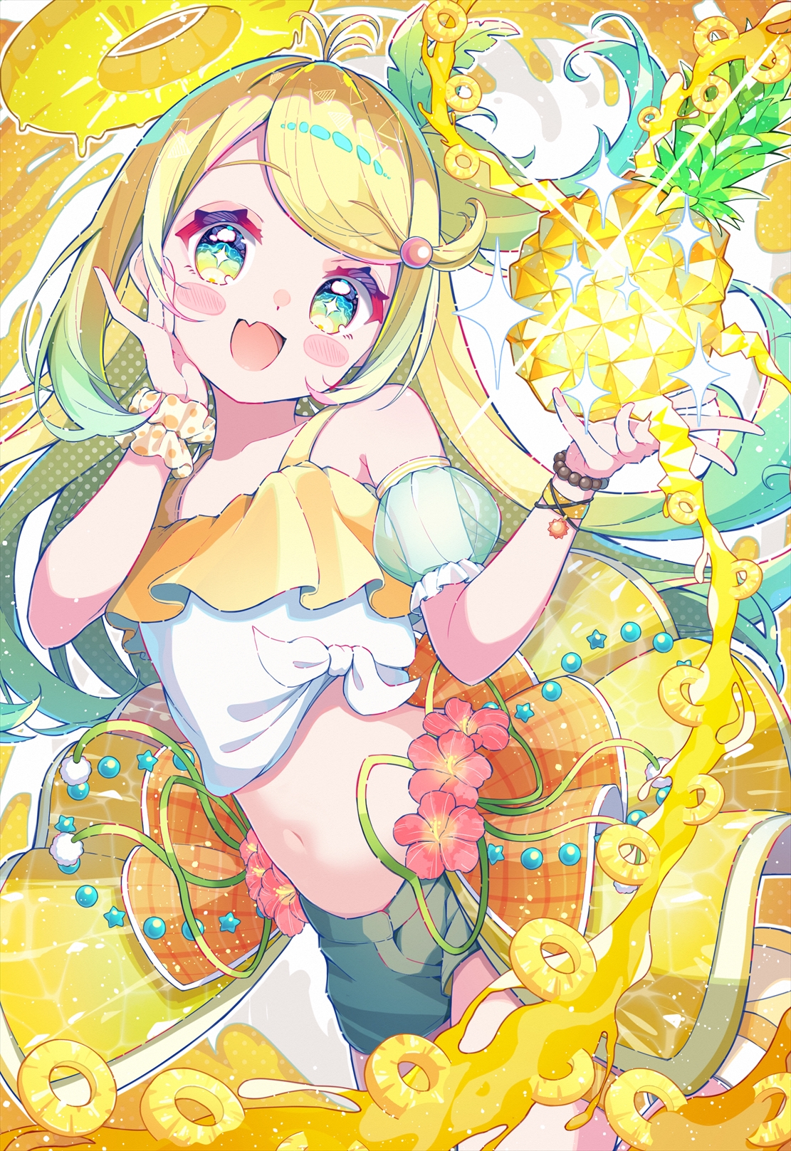 rappi, original, 1girl, :d, antenna hair, aqua hair, aqua sleeves, bare shoulders, bead bracelet, beads, blonde hair, blue eyes, blush stickers, bracelet, breasts, bright pupils, cowboy shot, detached sleeves, fang, floating hair, flower, food, frilled shirt collar, frilled sleeves, frilled wrist cuffs, frills, fruit, gradient hair, green eyes, green shorts, hand on own cheek, hand on own face, hands up, head tilt, jewelry, leaning to the side, looking at viewer, midriff, multicolored eyes, multicolored hair, multiple wristbands, navel, open mouth, parted bangs, pineapple, puffy short sleeves, puffy sleeves, red flower, see-through clothes, see-through sleeves, shirt, short shorts, short sleeves, shorts, skin fang, sleeveless, sleeveless shirt, small breasts, smile, solo, star-shaped pupils, star (symbol), symbol-shaped pupils, tied shirt, white pupils, white shirt, wrist cuffs, wristband