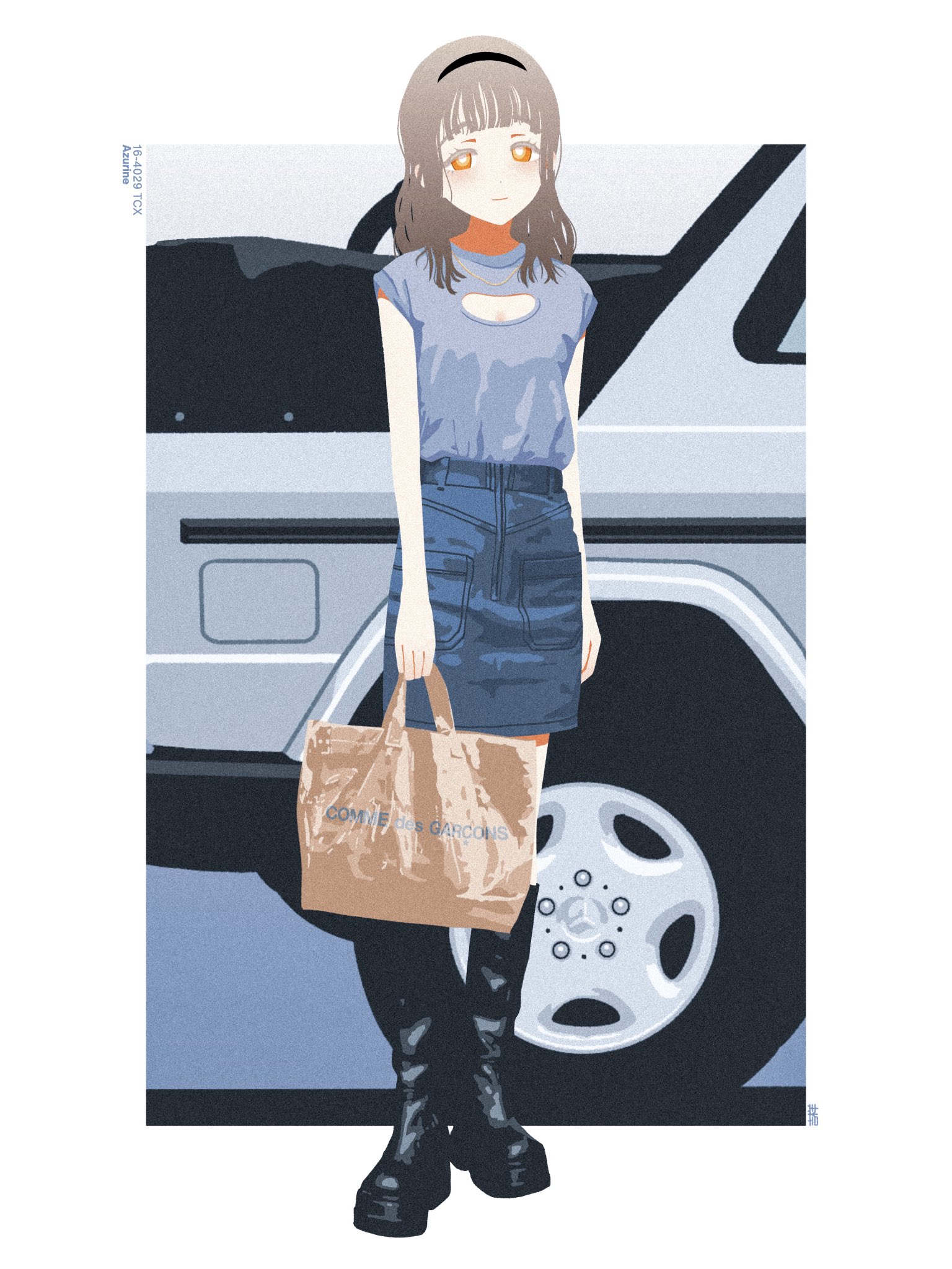 kisshou (georgie san), shinosawa hiro, gakuen idolmaster, idolmaster, mercedes-benz, highres, 1girl, alternate hairstyle, black boots, blonde hair, boots, breasts, car, cleavage, cleavage cutout, clothing cutout, hairband, long hair, motor vehicle, orange eyes, simple background, small breasts, white background