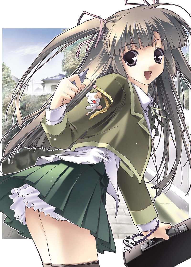 shintarou, 1girl, dog, female focus, grey eyes, grey hair, long hair, pleated skirt, school uniform, serafuku, skirt, solo, thighhighs